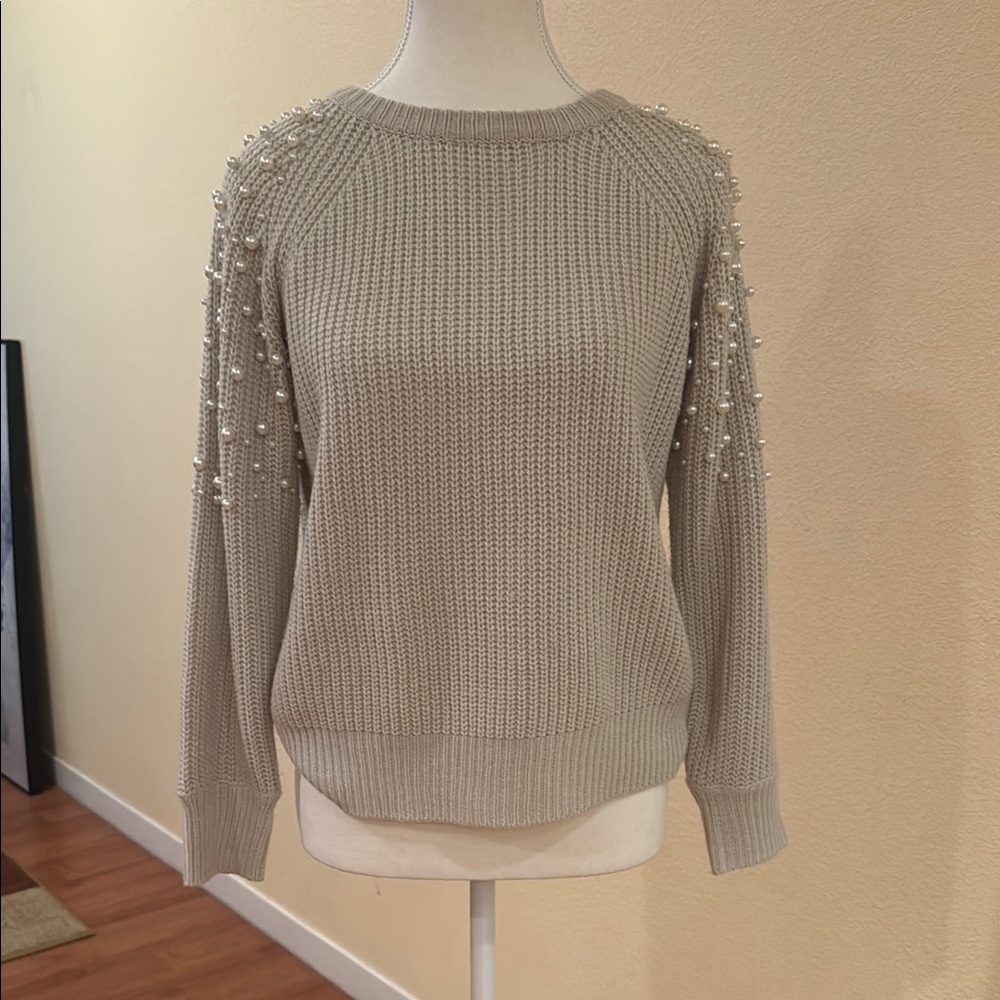 Aqua Cream Ribbed Crew Neck Sweater with Elegant Embellishments